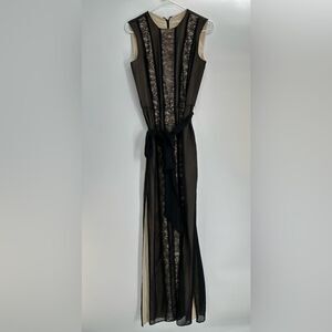 Alice + Olivia Chiffon Lace Maxi Dress Black Nude Side Slit Size 4